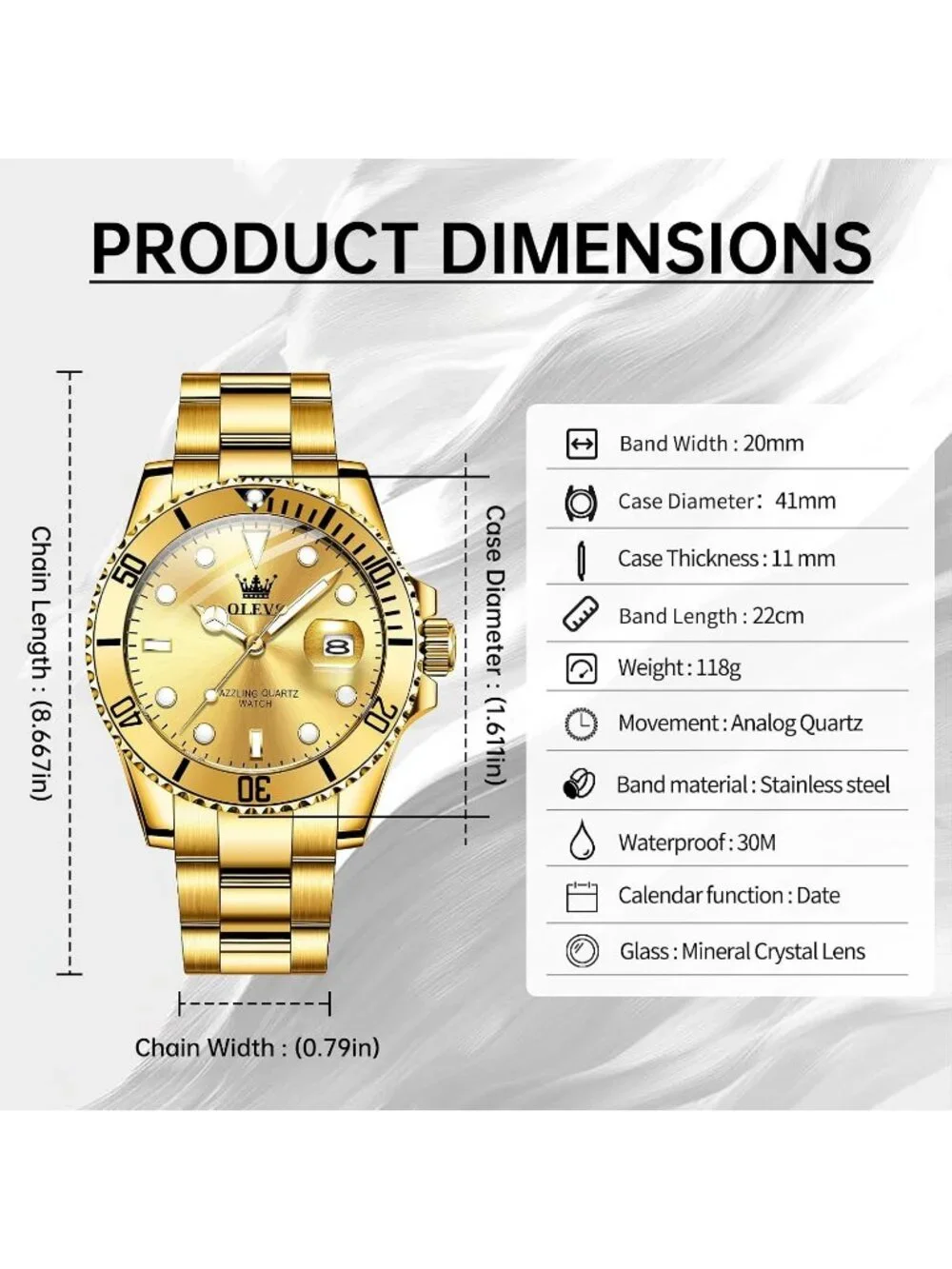 Men's Gold Luxury Stainless Steel Waterproof Quartz Big Face Fashion Wrist Watch